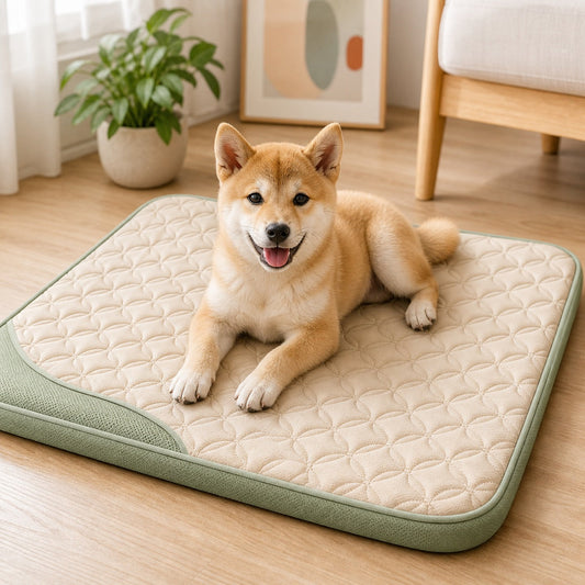 犬がくつろぐベージュとグリーンのひんやりペットマット